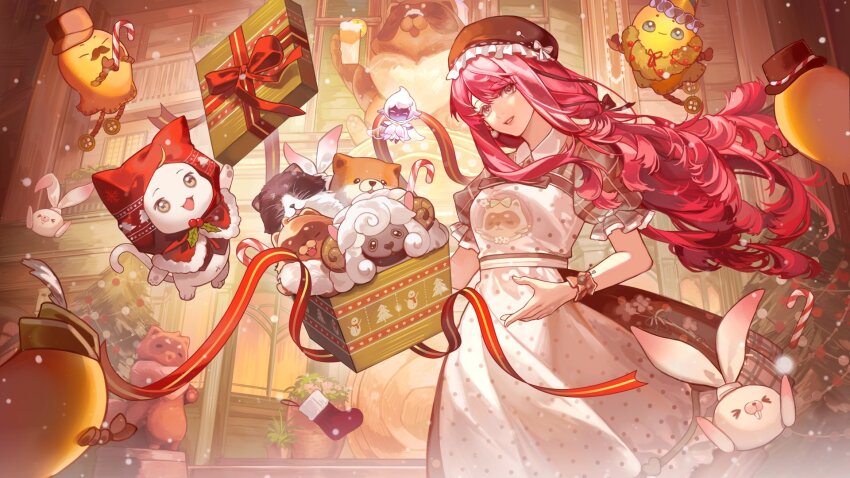 1girl, animal, apron, bibcoon_(infinity_nikki), bow, brown_hat, brown_scrunchie, brown_shirt