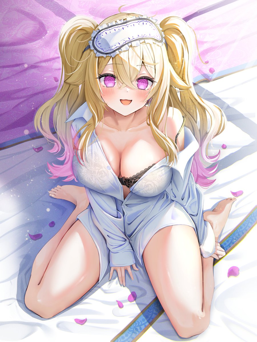 1girl, @_@, barefoot, black_bra, blonde_hair, blush, bra, breasts