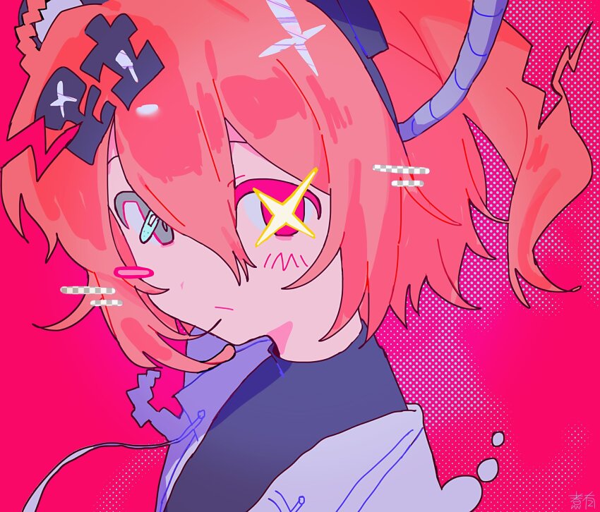 1girl, a.i._voice, adachi_rei, artist_name, asymmetrical_blush, bandaid_on_eye, black_eyes, black_shirt, blush_stickers, cable, closed_eyes, coat, expressionless, hair_between_eyes, hair_ornament, hairband, heterochromia, highres, looking_at_viewer, nial, one_side_up, orange_hair, pink_background, pink_eyes, shirt, short_hair, solo, tougenkyou_e_ikou_(utau), upper_body, utau, white_coat