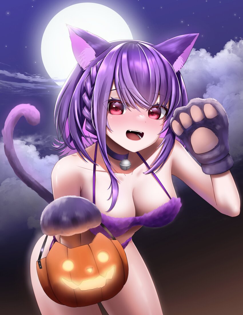 1girl, absurdres, angy_catto, animal_ear_fluff, animal_ears, animal_hands, bell, braid, breasts, cat_ears, cat_girl, cat_tail, choker, cleavage, cloud, collarbone, full_moon, fur_bikini, highres, jack-o'-lantern, medium_hair, moon, neck_bell, night, open_mouth, purple_choker, red_eyes, sky, solo, tail, virtual_youtuber, vols, wavefile