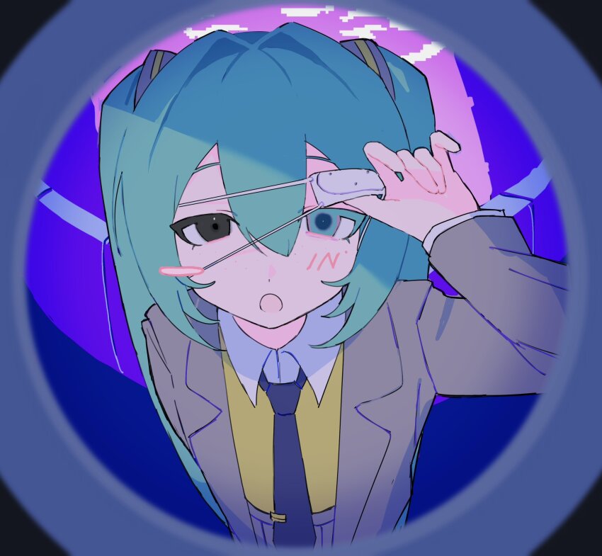 1girl, :o, aqua_eyes, aqua_hair, arm_at_side, asymmetrical_blush, black_eyes, black_necktie