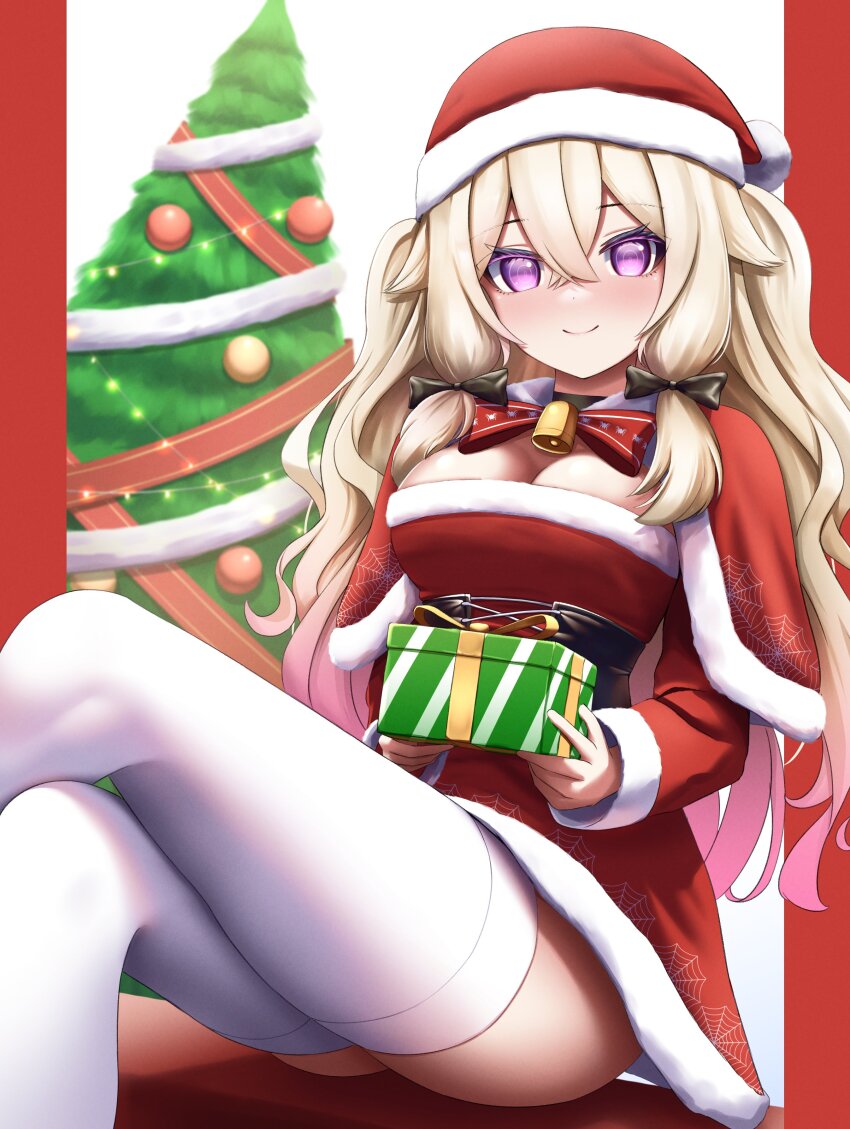 1girl, @_@, absurdres, bell, black_bow, black_choker, bow, bowtie, box, breasts, capelet, choker, christmas_ornaments, christmas_tree, cleavage, closed_mouth, crossed_legs, dress, fur-trimmed_capelet, fur-trimmed_dress, fur-trimmed_headwear, fur_trim, gift, gift_box, gradient_hair, hair_bow, hat, highres, holding, holding_gift, long_hair, mayuno_a._charlotte, multicolored_hair, neck_bell, pink_hair, pom_pom_(clothes), purple_eyes, red_bow, red_bowtie, red_capelet, red_dress, red_hat, santa_costume, santa_dress, santa_hat, shadow, smile, solo, spider_web_print, thighhighs, tinsel, virtual_youtuber, vols, wavefile, white_thighhighs