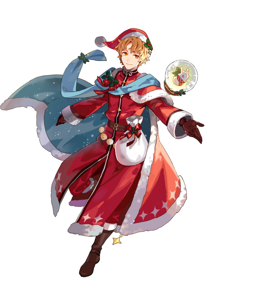 1boy, artur_(fire_emblem), artur_(silver_saint)_(fire_emblem), boots, brown_footwear, brown_gloves, cape, christmas