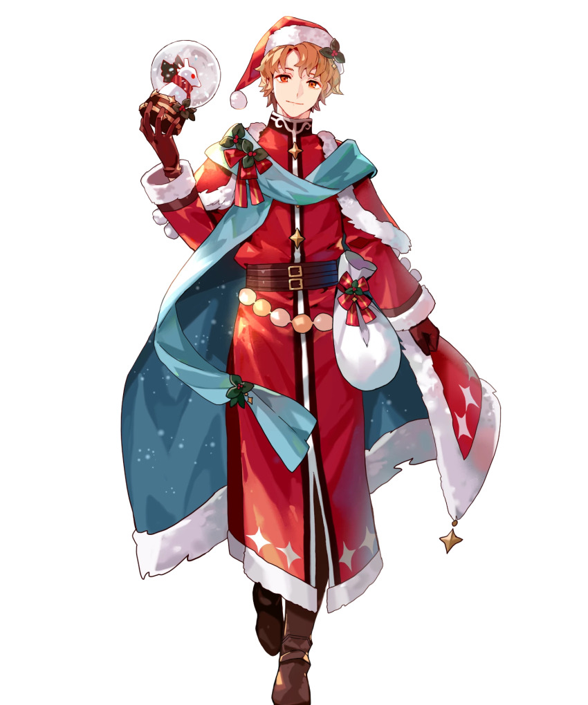 1boy, artur_(fire_emblem), artur_(silver_saint)_(fire_emblem), boots, brown_footwear, brown_gloves, cape, christmas