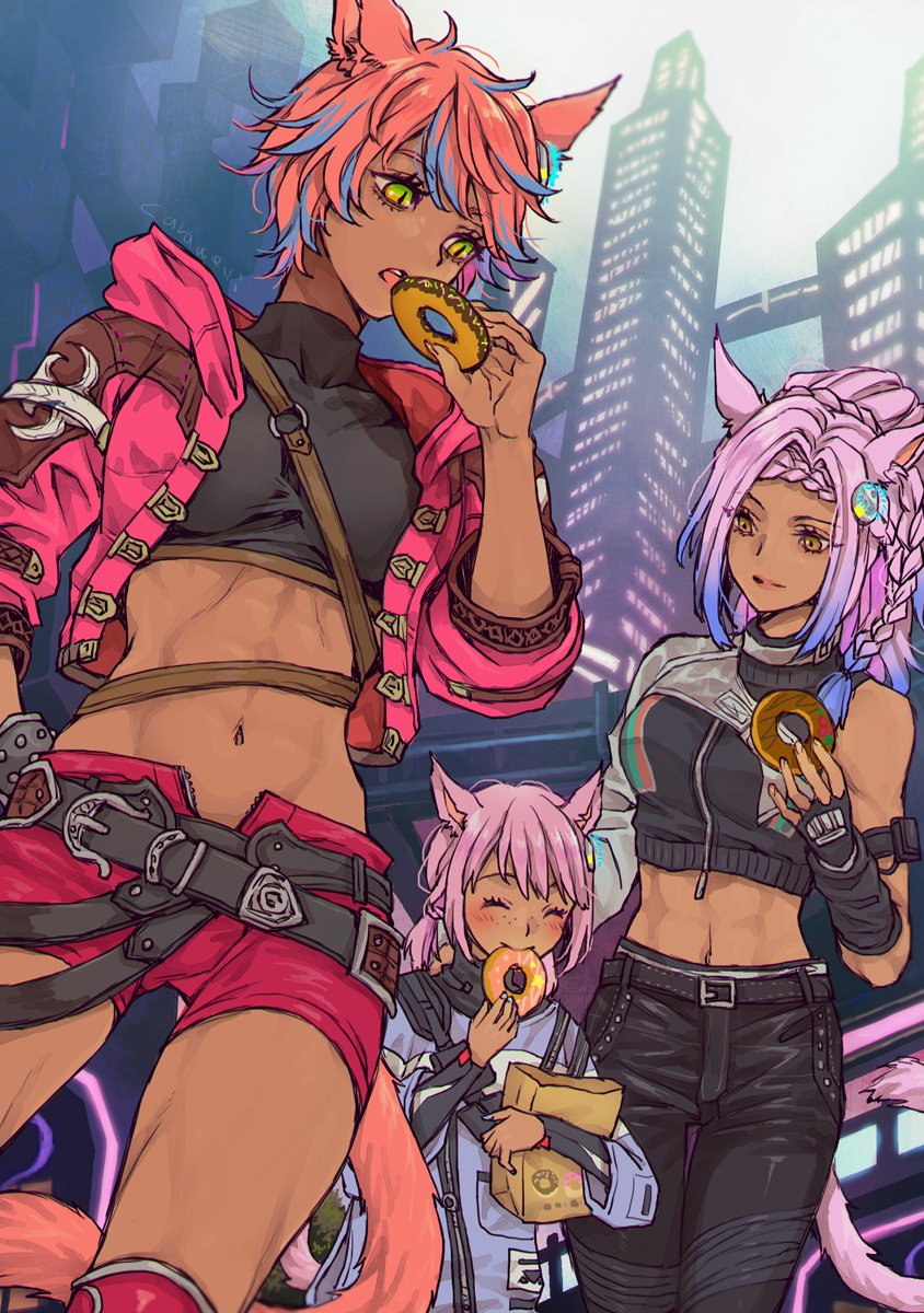 3girls, ^_^, abs, animal_ears, bag, belt, black_gloves, black_jacket