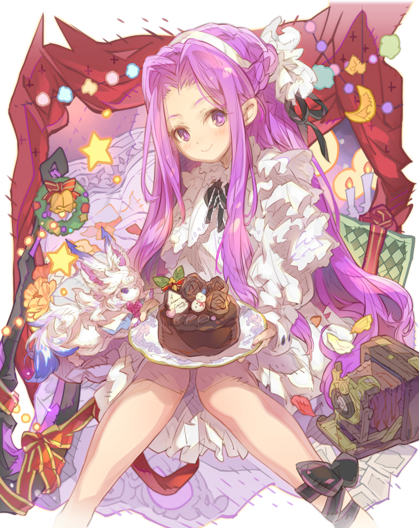 1girl, antique_camera, bell, box, braid, cake, candle, chocolate_cake