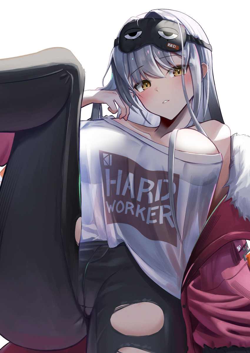1girl, absurdres, blush, breasts, collarbone, commentary_request, frima_(nikke), fur_trim, goddess_of_victory:_nikke, grey_hair, hand_up, highres, jacket, large_breasts, leg_up, long_hair, looking_at_viewer, mask, mask_on_head, meryi, pants, red_jacket, see-through_clothes, see-through_shirt, shirt, simple_background, sleep_mask, solo, t-shirt, torn_clothes, torn_pants, white_background, yellow_eyes