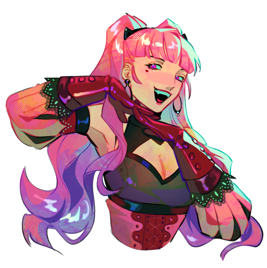 1girl, breasts, cleavage, commentary, corset, crocrubies, cropped_torso, earrings