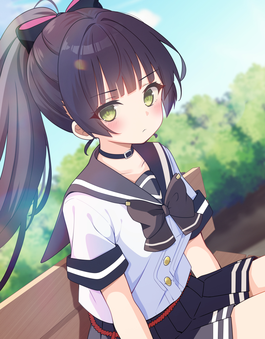 absurdres, bench, black_bow, black_bowtie, black_choker, black_hair, black_sailor_collar, black_skirt, blue_sky, blunt_bangs, bow, bowtie, choker, green_eyes, hair_bow, heaven_burns_red, highres, long_hair, natsume_inori, natsume_inori_(lapis_lazuli_adolescence), on_bench, outdoors, pleated_skirt, ponytail, sailor_collar, school_uniform, serafuku, skirt, sky, toxic_pter, tree, white_serafuku