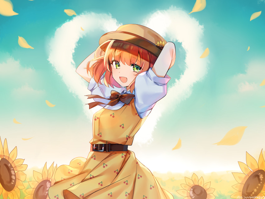 1girl, :d, absurdres, arms_behind_head, arms_up, belt, belt_buckle, black_belt, blue_sky, bow, breasts, brown_hat, buckle, cherry_print, cloud, collared_shirt, day, dress, field, flower, flower_field, food_print, fruit_print, green_eyes, hat, hat_flower, heart, highres, honma_himawari, honma_himawari_(6th_costume), looking_at_viewer, nijisanji, ninahachi, open_mouth, orange_hair, outdoors, petals, print_dress, puffy_short_sleeves, puffy_sleeves, red_bow, shirt, short_sleeves, sky, sleeveless, sleeveless_dress, small_breasts, smile, solo, sunflower, sunflower_field, twitter_username, virtual_youtuber, white_shirt, yellow_dress, yellow_flower