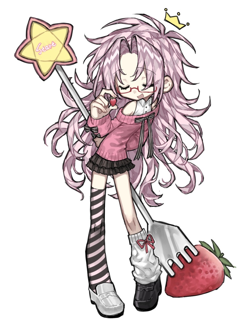 1boy, absurdres, alternate_costume, asymmetrical_footwear, asymmetrical_legwear, black_bow, black_ribbon, black_skirt, bow, chinese_commentary, closed_eyes, collarbone, commentary_request, crossdressing, crossdressing_(mtf), curtained_hair, diagonal-striped_thighhighs, eyelashes, food, fork, frilled_skirt, frills, fruit, full_body, glasses, hatsutori_hajime, highres, holding, holding_food, holding_fork, holding_fruit, jcwlg, layered_skirt, leg_warmers, loafers, long_hair, long_sleeves, male_focus, miniskirt, mismatched_footwear, off-shoulder_sweater, off_shoulder, open_mouth, oversized_object, parted_bangs, pink_hair, pink_sweater, pink_thighhighs, rectangular_eyewear, red_ribbon, ribbon, saibou_shinkyoku, semi-rimless_eyewear, shirt, shoes, simple_background, skirt, sleeveless, sleeveless_shirt, smile, solo, star_(symbol), strawberry, striped_clothes, striped_thighhighs, sweater, thighhighs, trap, u_u, uneven_legwear, very_long_hair, white_background, white_leg_warmers, white_shirt, white_shoes