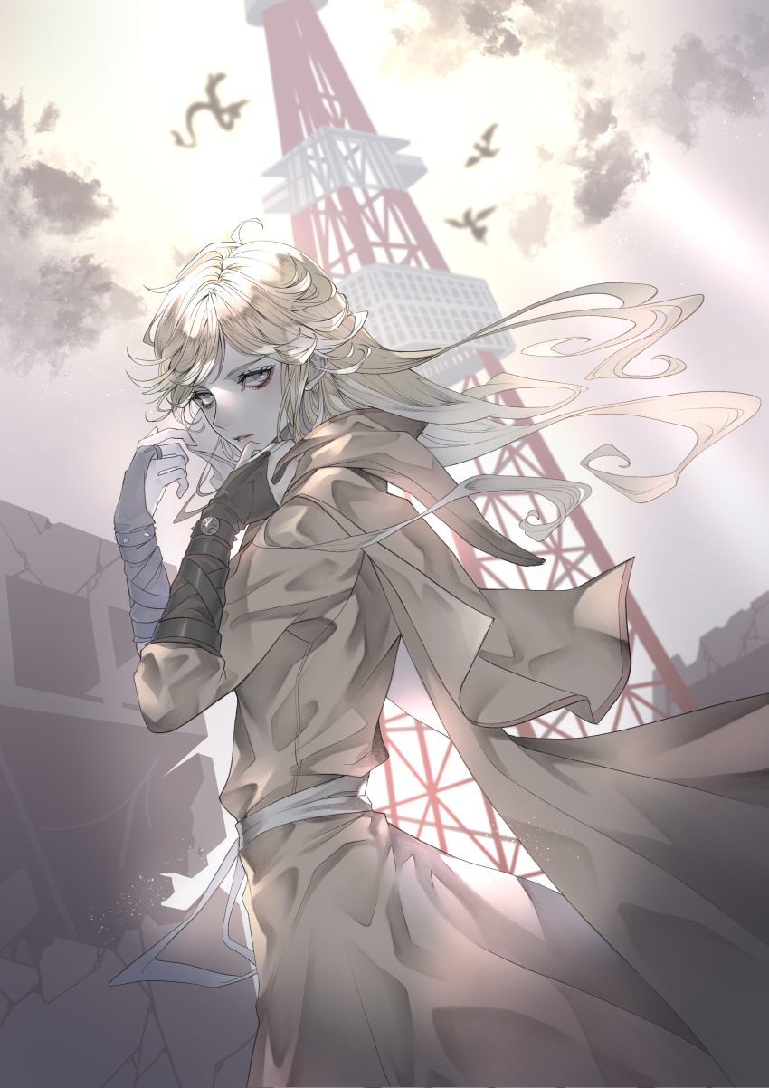 1girl, absurdres, arm_strap, blonde_hair, cape, commission, commissioner_upload, dress