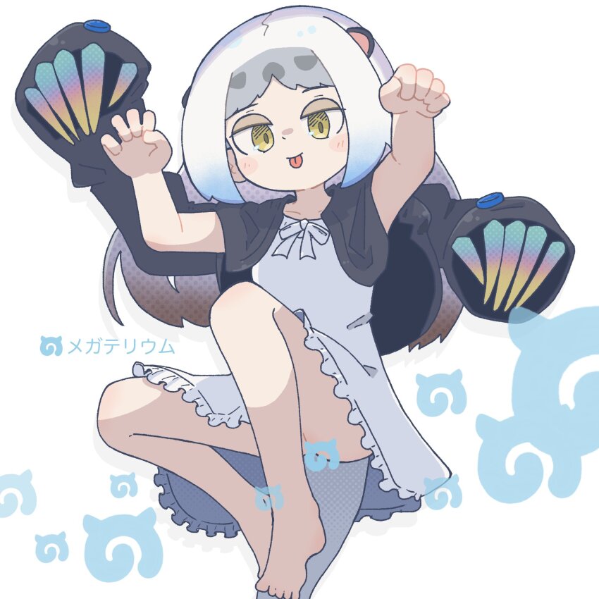 1girl, animal_ears, barefoot, black_jacket, claws, dress, extra_ears, grey_hair, highres, jacket, japari_symbol, kemono_friends, long_hair, looking_at_viewer, megatherium_(kemono_friends), ribbon, simple_background, solo, sorairo_meronpan, tail, tongue, tongue_out, white_dress, yellow_eyes