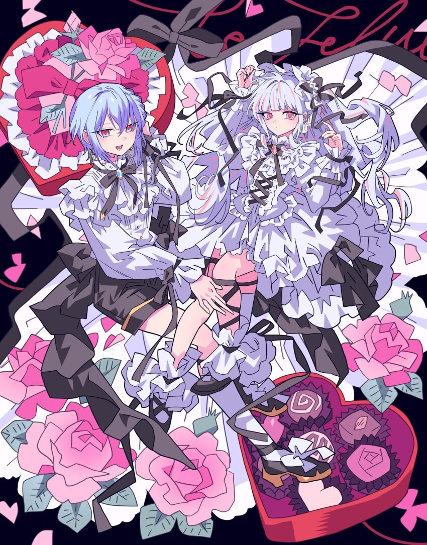 1boy, 1girl, akuma_shitsuji_to_kuroi_neko, black_footwear, black_ribbon, black_shorts, blue_eyes, blue_hair