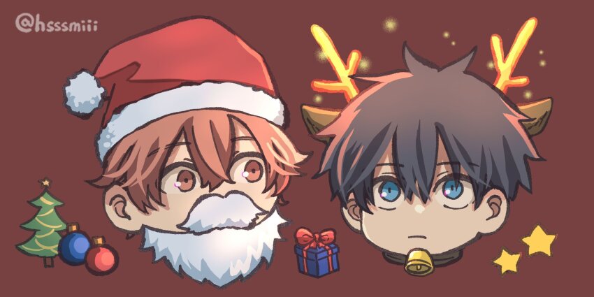 2boys, animal_ears, antlers, artist_name, bell, black_hair, blue_eyes, brown_background
