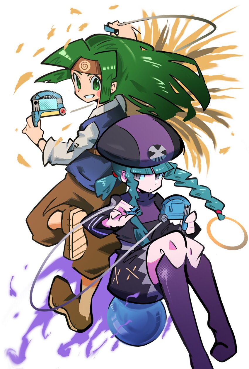 2girls, blue_hair, blunt_bangs, boots, brown_footwear, brown_headband, brown_pants, commentary