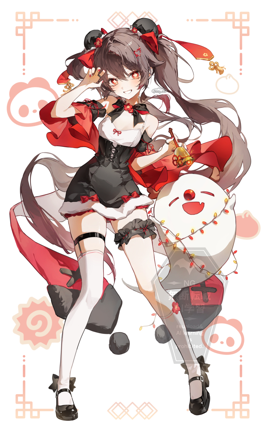 1girl, absurdres, bell, black_bow, black_bowtie, black_dress, black_footwear, boo_tao_(genshin_impact)