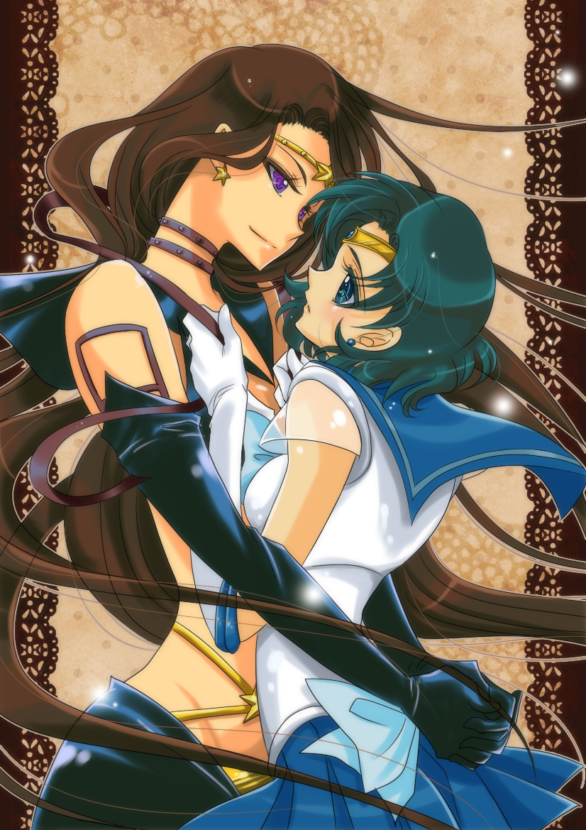 1990s_(style), 2girls, bishoujo_senshi_sailor_moon, bishoujo_senshi_sailor_moon_sailor_stars, bishoujo_senshi_sailor_moon_stars, black_gloves, blue_eyes, blue_hair, blue_sailor_collar, blue_skirt, bow, brown_hair, couple, earrings, easty, elbow_gloves, gloves, hug, jewelry, kou_taiki, long_hair, magical_girl, midriff, mizuno_ami, multiple_girls, pleated_skirt, purple_eyes, retro_artstyle, ribbon, sailor_collar, sailor_mercury, sailor_star_maker, short_hair, skirt, smile, star_(symbol), super_sailor_mercury, taiki_kou, tiara, very_long_hair, white_gloves