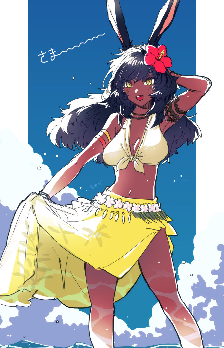 1girl, absurdres, animal_ears, armlet, bikini, breasts, clothes_lift, cloud, cloudy_sky, dark-skinned_female, dark_skin, day, final_fantasy, final_fantasy_xiv, flower, hair_flower, hair_ornament, halterneck, hibiscus, highres, jewelry, long_hair, looking_at_viewer, navel, open_mouth, outdoors, purple_hair, rabbit_ears, sarong, sarong_lift, seri_(akntse), sky, solo, standing, swimsuit, teeth, upper_teeth_only, viera, wading, warrior_of_light_(ff14), water, yellow_bikini, yellow_eyes, yellow_sarong