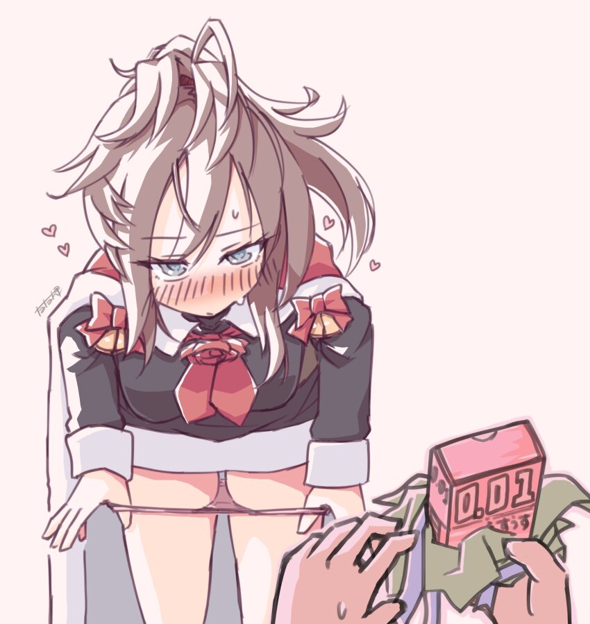 1girl, 1other, black_dress, blue_eyes, blush, brown_hair, cape, commentary