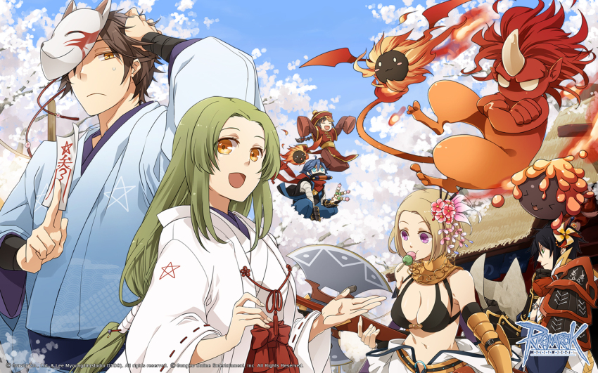 >_<, 3boys, 3girls, :3, :d, architecture, armor, axe, between_fingers, bikini, bikini_top_only, black_bikini, black_hair, blue_kimono, blue_sky, breasts, brown_hair, clear_sky, closed_mouth, copyright_notice, dango, east_asian_architecture, eating, elbow_gloves, elemental_(creature), explosion_(ragnarok_online), expressionless, fingerless_gloves, fire_elemental, flat_chest, flower, food, fox_mask, gentouki, gloves, gorou_(ragnarok_online), green_hair, hair_flower, hair_ornament, hair_stick, hat, highres, holding, holding_axe, holding_map, holding_ofuda, imp_(ragnarok_online), japanese_armor, japanese_clothes, jiangshi, jumping, kagerou_(ragnarok_online), kimono, kote, kurokote, large_breasts, logo, long_hair, looking_at_viewer, low-tied_long_hair, magmaring, map, mask, mask_on_head, mechanic_(ragnarok_online), miko, miko_(ragnarok_online), multiple_boys, multiple_girls, munak, o-ring, o-ring_top, official_art, official_wallpaper, ofuda, ofuda_between_fingers, open_mouth, outdoors, pentagram, pinwheel_hair_ornament, purple_eyes, qingdai_guanmao, ragnarok_online, red_hat, ribbon-trimmed_sleeves, ribbon_trim, rukira, sanshoku_dango, shiny_skin, short_hair, sky, sleeves_past_fingers, sleeves_past_wrists, slime_(creature), smile, swimsuit, upper_body, vambraces, wagashi, white_kimono, wide_sleeves, yellow_armor, yellow_eyes