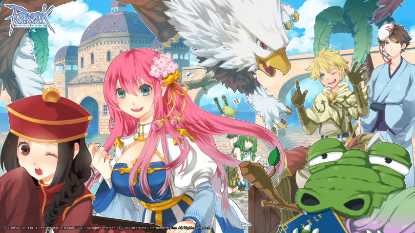 2boys, 4girls, alligator, alligator_(ragnarok_online), anger_vein, arch_bishop_(ragnarok_online), bird, black_hair