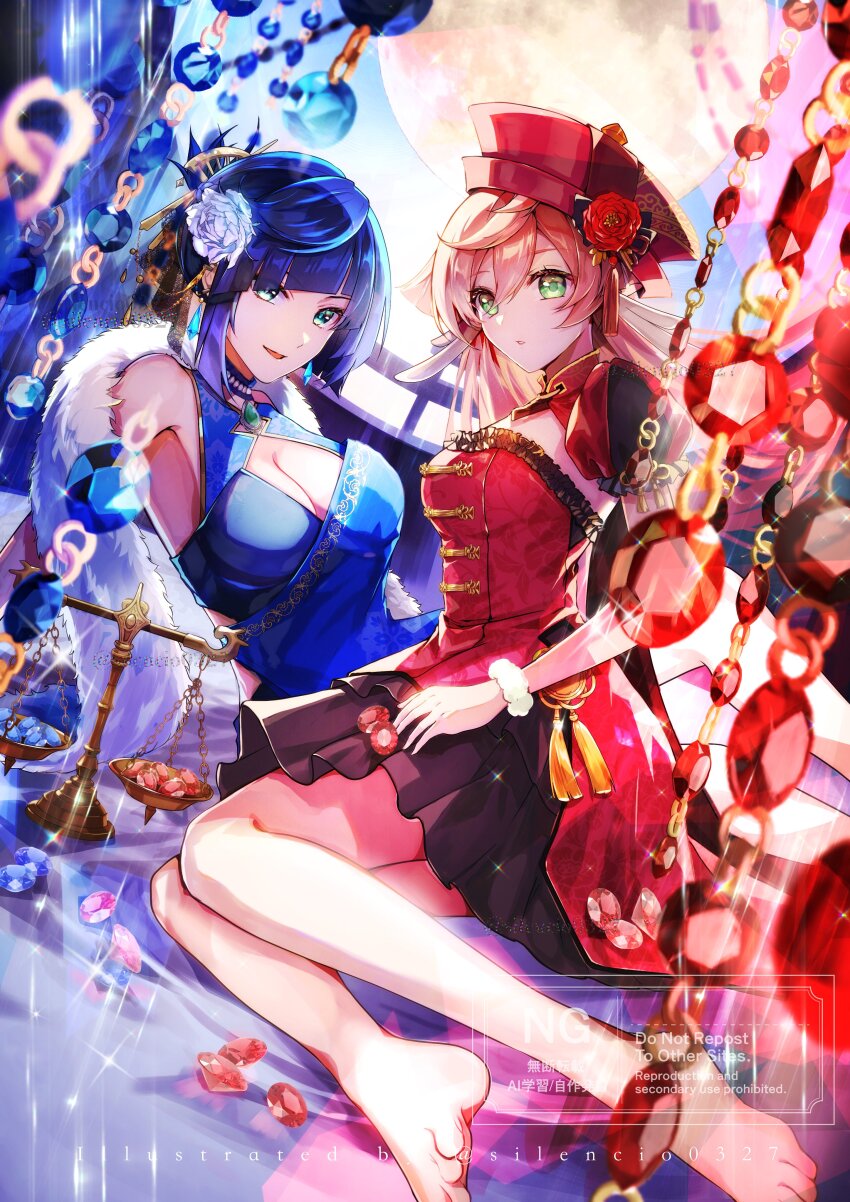 2girls, absurdres, alternate_costume, armpit_crease, balance_scale, barefoot, blue_dress, blue_flower