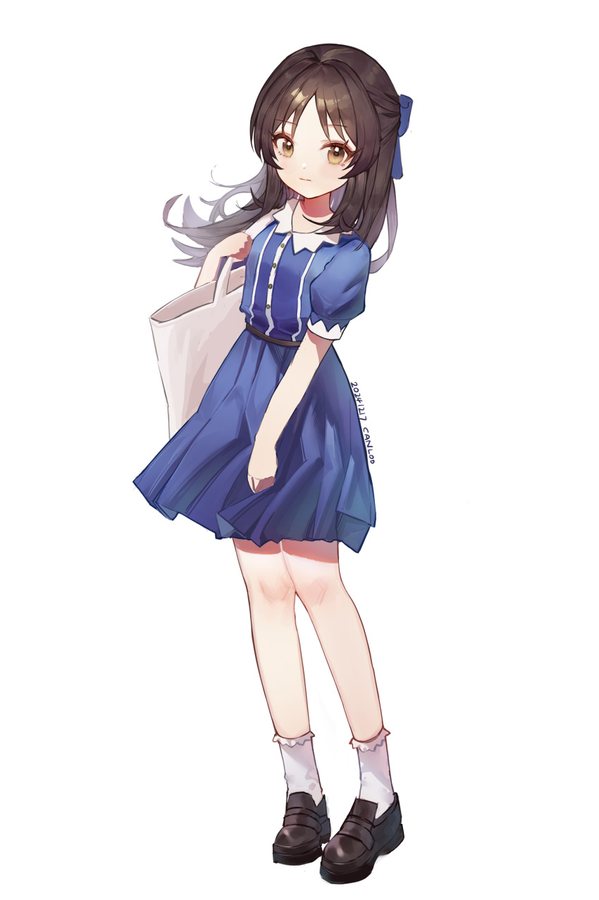 1girl, absurdres, b2w, bag, blue_shirt, blue_skirt, bobby_socks, brown_shoes