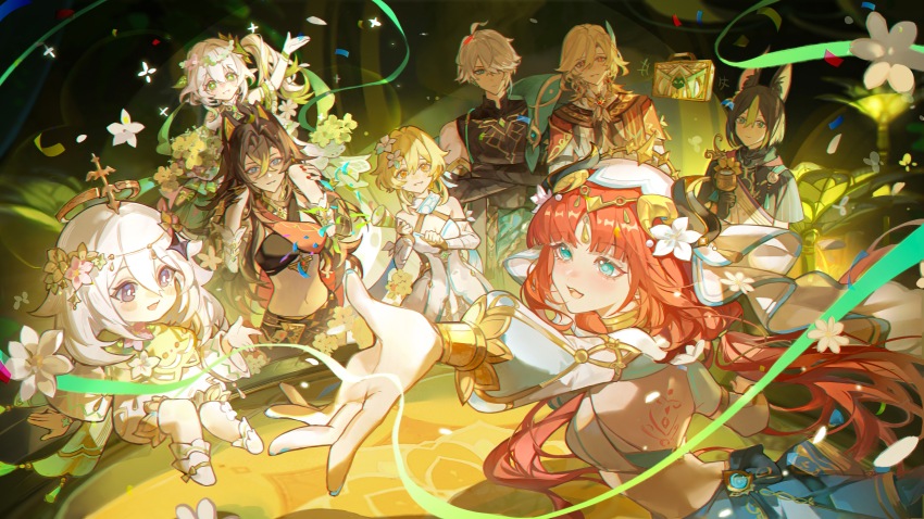 3boys, 5girls, absurdres, ahoge, alhaitham_(genshin_impact), animal_ears, back_tattoo, bandeau