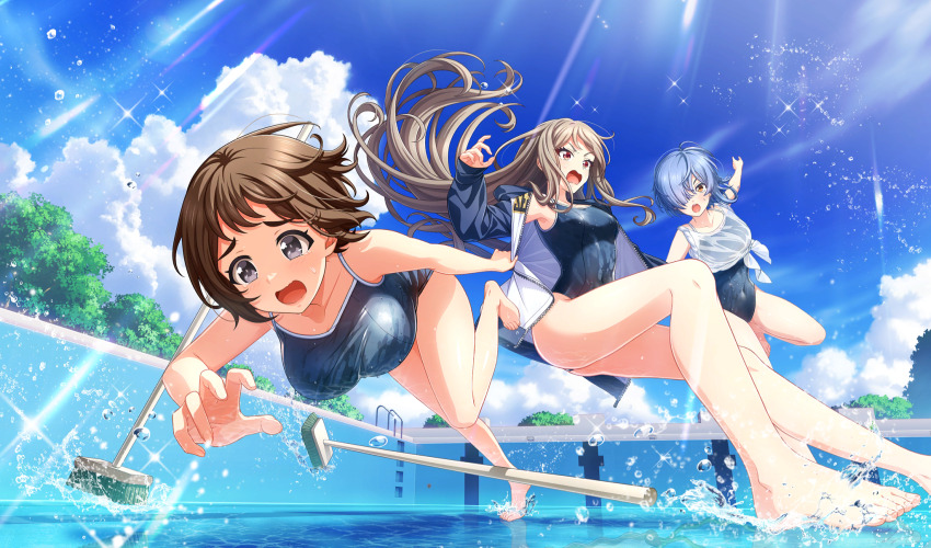 3girls, :o, asymmetrical_hair, barefoot, blue_hair, brown_hair, cinderella_series, cleaning_brush, cloud, covered_navel, cumulonimbus_cloud, day, dutch_angle, empty_pool, floating_hair, from_below, game_cg, grey_eyes, hachigatsu_no_cinderella_nine, hair_over_one_eye, highres, jacket, jinguji_sayaka, light_particles, light_rays, long_hair, makino_hana, multiple_girls, non-web_source, official_art, one_eye_covered, open_clothes, open_jacket, open_mouth, outdoors, pool, red_eyes, school_swimsuit, shirt, sparkle, summer, sunbeam, sunlight, surprised, sweat, swimsuit, tied_shirt, toudou_taira, tripping, very_long_hair, water_drop, wavy_mouth, yellow_eyes