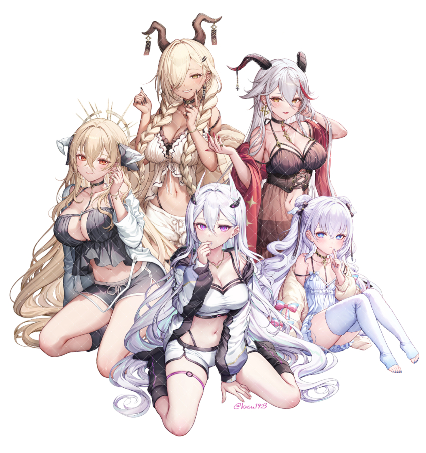 5girls, aegir_(azur_lane), alternate_costume, aviot, azur_lane, babydoll, bare_shoulders, between_legs, black_babydoll, black_choker, black_shorts, black_socks, blonde_hair, blue_eyes, braid, breasts, camisole, choker, cleavage, crop_top, cross-shaped_pupils, demon_horns, dolphin_shorts, double_bun, drawstring, finger_to_mouth, grin, hair_between_eyes, hair_bun, hair_over_one_eye, hand_between_legs, hand_up, highleg, highres, horns, implacable_(azur_lane), jacket, jewelry, kearsarge_(azur_lane), kneehighs, knees_up, komeshiro_kasu, large_breasts, le_malin_(azur_lane), lingerie, long_hair, long_sleeves, looking_at_viewer, midriff, multiple_girls, navel, necklace, no_shoes, off_shoulder, open_clothes, open_jacket, owari_(azur_lane), panty_straps, purple_eyes, red_eyes, see-through_clothes, shirt, short_shorts, shorts, sitting, smile, socks, spaghetti_strap, stomach, symbol-shaped_pupils, thigh_strap, thighhighs, thighs, toeless_legwear, twin_braids, twintails, underwear, very_long_hair, wariza, white_hair, white_jacket, white_shirt, white_shorts, white_thighhighs, yellow_eyes