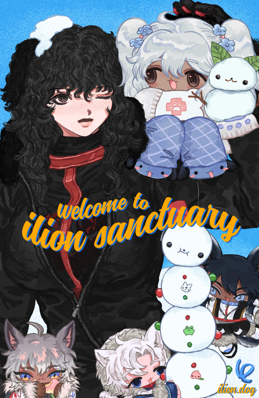 animal_ears, black_eyes, black_hair, black_jacket, blue_eyes, blue_flower, blue_pants, chibi