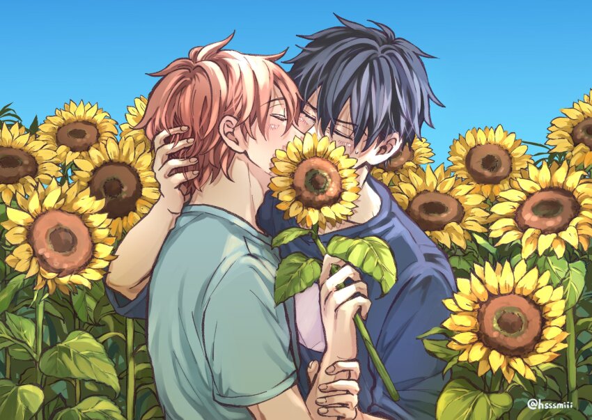 2boys, artist_name, black_hair, blue_sky, blush, clear_sky, closed_eyes, day, field, flower, flower_field, given, highres, holding, holding_flower, hsssmiii, implied_kiss, leaf, male_focus, multiple_boys, orange_hair, outdoors, satou_mafuyu, short_hair, sky, sunflower, sweatdrop, twitter_username, uenoyama_ritsuka, upper_body, yaoi, yellow_flower