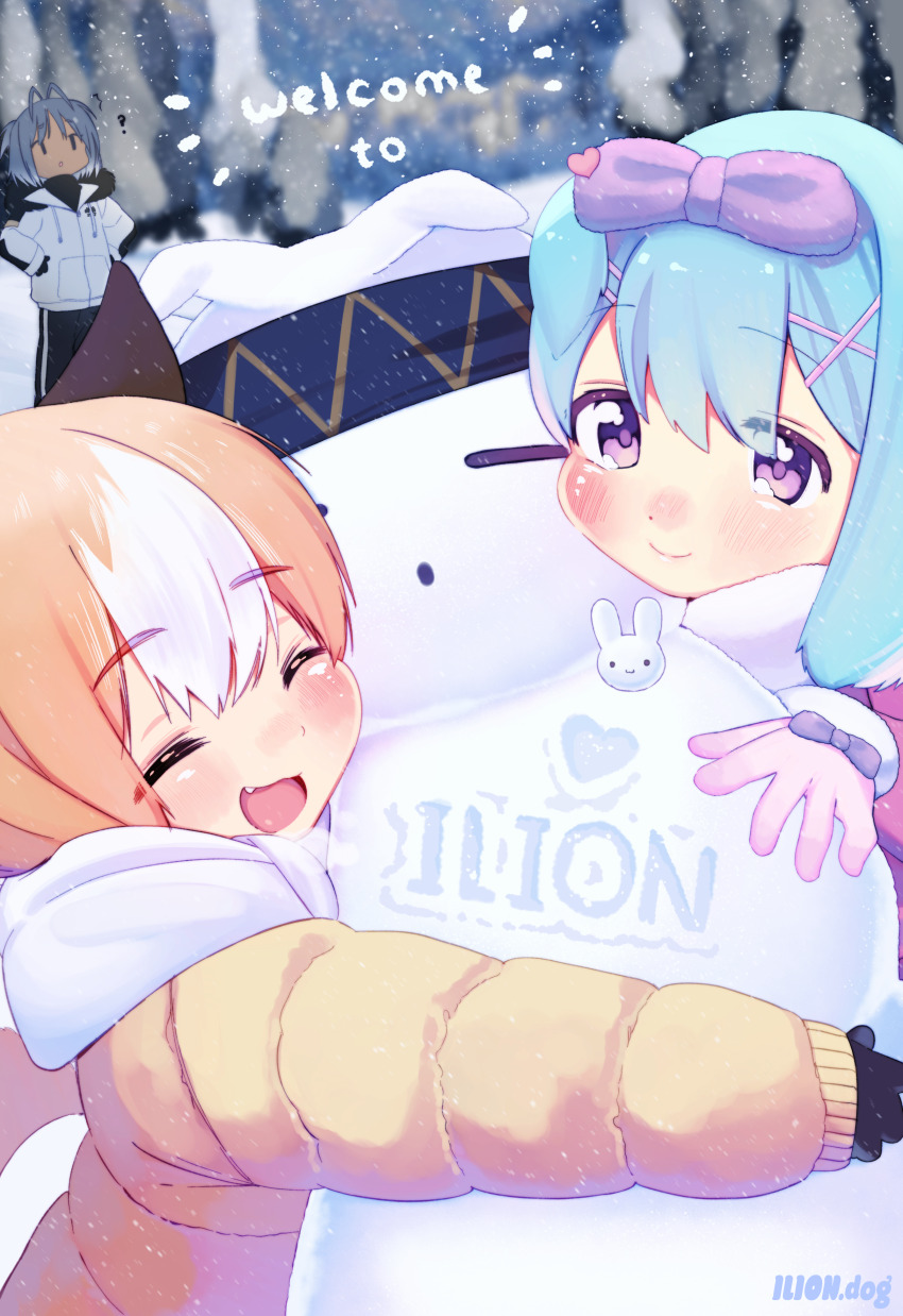 3girls, absurdres, black_gloves, blue_hair, closed_eyes, gloves, hair_ribbon, happy