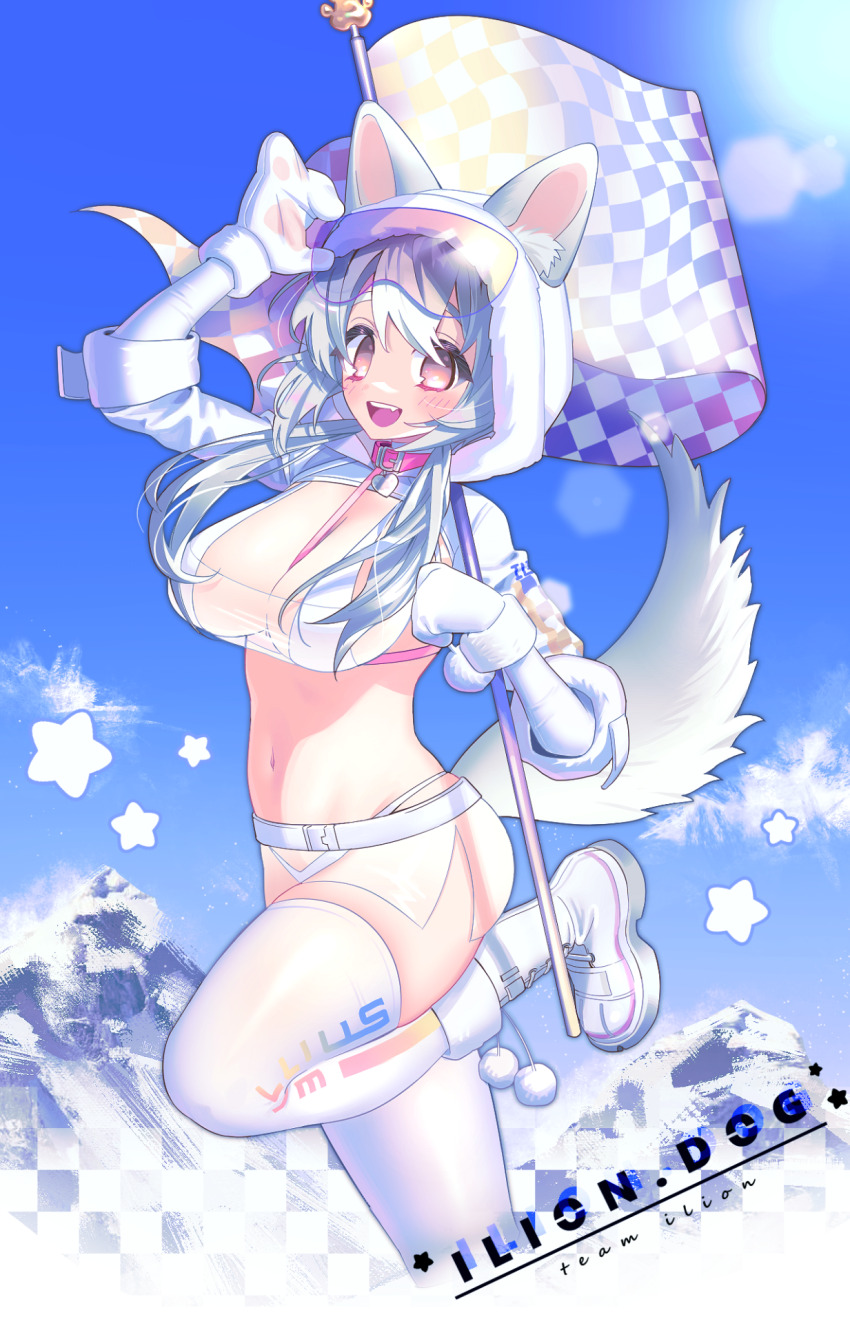1girl, animal_ears, blue_sky, boots, breasts, checkered_flag, clothes_writing, collar, cowboy_shot, day, dog_ears, dog_girl, dog_tail, flag, gloves, goggles, goggles_on_head, hamcommis, highres, holding, holding_flag, ilion_sled_dog_sanctuary, large_breasts, leg_up, millius_(ilion), mountain, navel, open_mouth, pink_collar, revealing_clothes, sky, smile, solo, tail, teeth, thighhighs, upper_teeth_only, white_boots, white_gloves, white_hood, white_thighhighs, winter_clothes