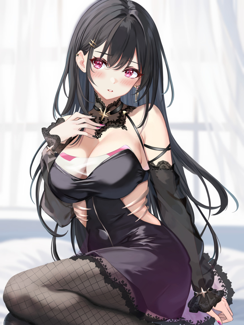 1girl, 428_(user_uzpe7478), absurdres, arm_strap, bare_shoulders, black_choker, black_dress, black_hair