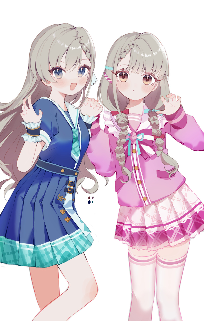 2girls, absurdres, asymmetrical_bangs, b2w, blue_dress, blush, braid, braided_bangs