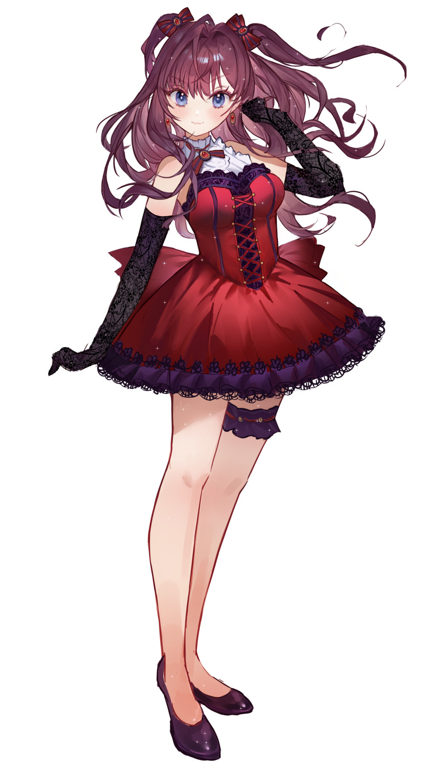 1girl, absurdres, b2w, black_gloves, blue_eyes, blush, breasts, brown_hair