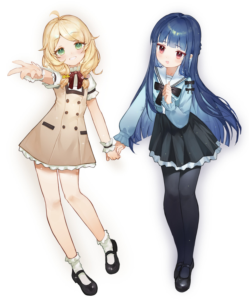 2girls, :o, absurdres, ahoge, b2w, beckoning, black_footwear, black_pantyhose, black_skirt, blonde_hair, blue_hair, blue_shirt, blunt_ends, blush, brown_dress, commentary, dated_commentary, dress, flower, full_body, hair_flower, hair_ornament, highres, idolmaster, idolmaster_cinderella_girls, long_hair, looking_at_viewer, mary_janes, multiple_girls, pantyhose, puffy_short_sleeves, puffy_sleeves, sailor_collar, sajo_yukimi, shirt, shoes, short_sleeves, short_twintails, simple_background, skirt, smile, socks, straight_hair, twintails, very_long_hair, white_background, white_sailor_collar, white_shirt, white_socks, yusa_kozue
