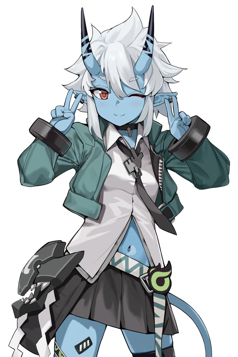 1girl, black_necktie, black_skirt, blue_skin, brown_eyes, closed_mouth, colored_skin, cowboy_shot