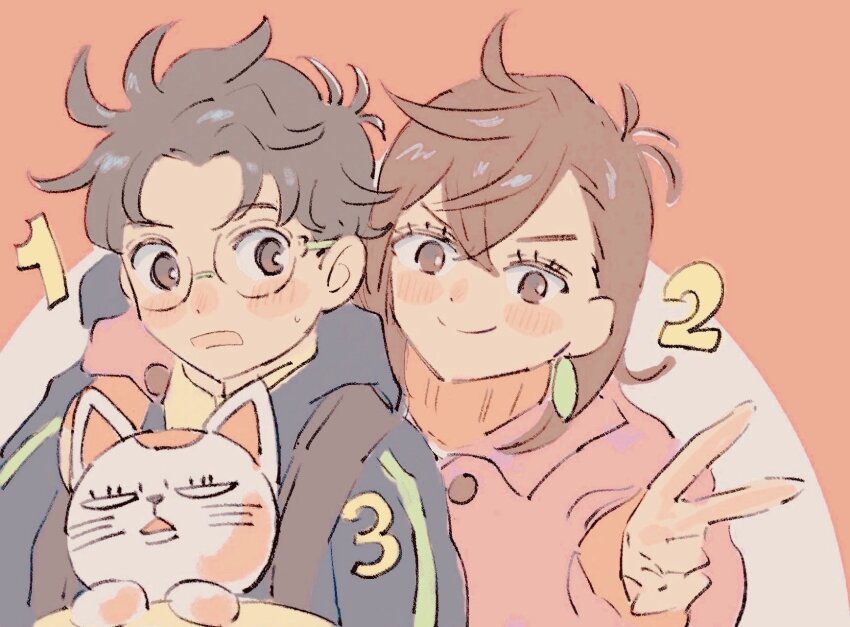 1boy, 1girl, ayase_momo, black_hair, brown_hair, cat, couple, dandadan, earrings, glasses, heke_the_world, highres, jacket, jewelry, pendant_earrings, round_eyewear, sketch, takakura_ken_(dandadan), turbo_granny_(dandadan)