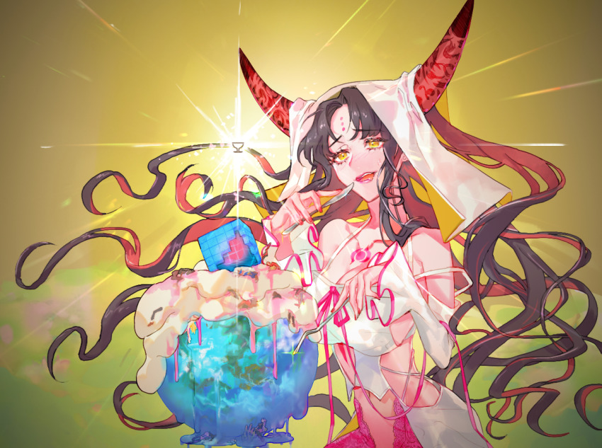 1girl, aestus_estus, archer_(fate), bamcream, black_hair, black_horns, blush, breasts