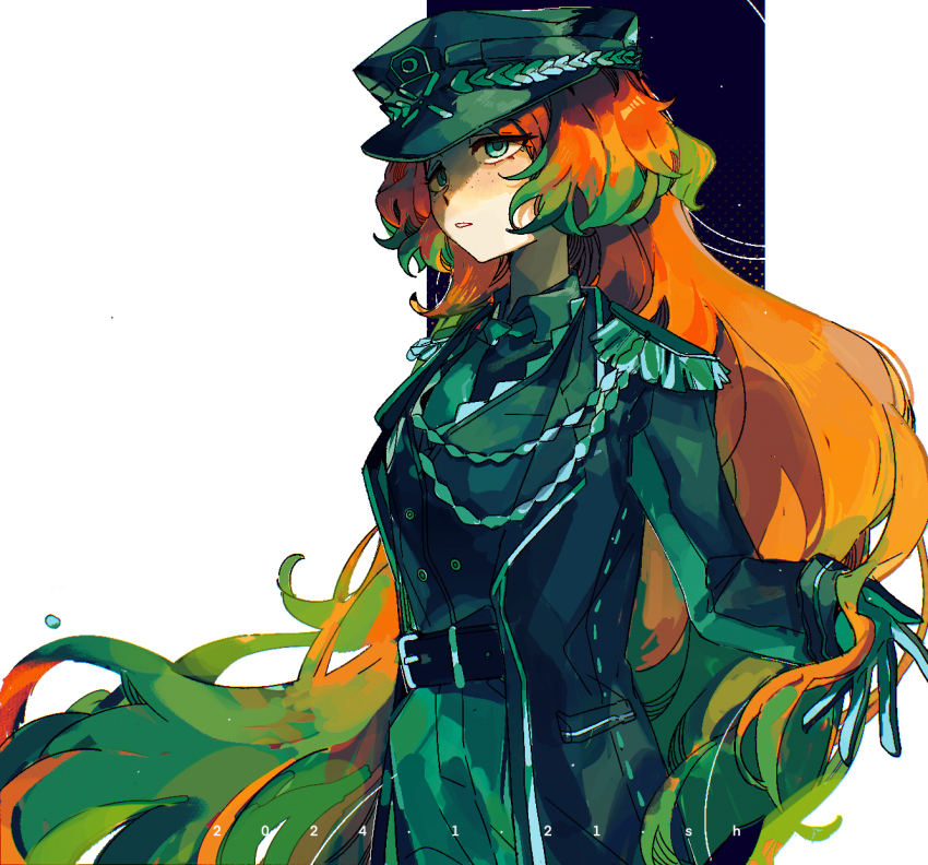 1girl, aiguillette, belt, blind_obsession_(e.g.o), blush, coat, collared_shirt, cowboy_shot