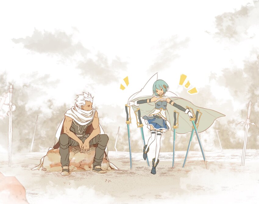 1boy, 1girl, archer_(fate), armor, armored_boots, blue_hair, boots, cape, crossover, dark-skinned_male, dark_skin, fate/grand_order, fate/stay_night, fate_(series), highres, mahou_shoujo_madoka_magica, miki_sayaka, miki_sayaka_(magical_girl), suginamayuge, sword, tan, unlimited_blade_works_(reality_marble), weapon, white_hair