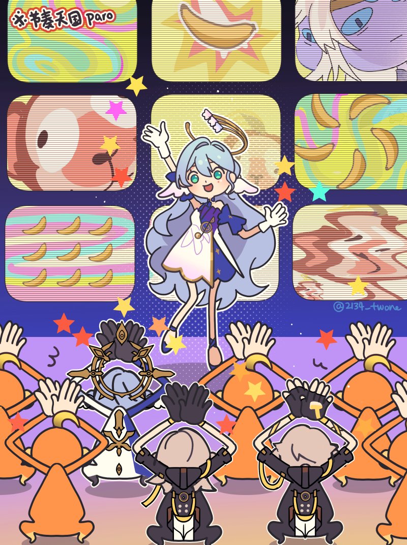 2134twone, 2boys, 2girls, ahoge, aqua_eyes, banana, blue_hair, caelus_(honkai:_star_rail), clapping, double-parted_bangs, dress, food, fruit, gloves, hair_intakes, halo, head_wings, honkai:_star_rail, honkai_(series), long_hair, monkey, multiple_boys, multiple_girls, outline, parody, rhythm_tengoku, robin_(honkai:_star_rail), star_(symbol), stelle_(honkai:_star_rail), style_parody, sunday_(honkai:_star_rail), trailblazer_(honkai:_star_rail), twitter_username, very_long_hair, white_outline, wings, xipe_(honkai:_star_rail)