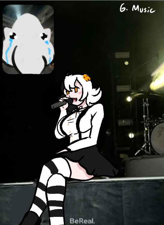 1girl, anya_(novapantsu), black_hair, breasts, chimimoryo_(berserk), english_text, fan_screaming_at_madison_beer_(meme), hair_ornament, indie_virtual_youtuber, large_breasts, long_sleeves, meme, microphone, music, photo-referenced, photo_background, singing, sitting, skirt, skull_hair_ornament, striped_clothes, striped_thighhighs, thegeniea1, thighhighs, virtual_youtuber, white_hair, yellow_eyes