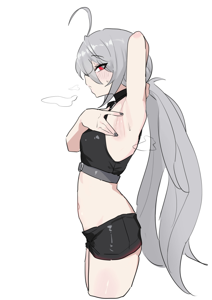 1girl, absurdres, ahoge, armpits, bare_shoulders, black_nails, black_shirt, black_shorts