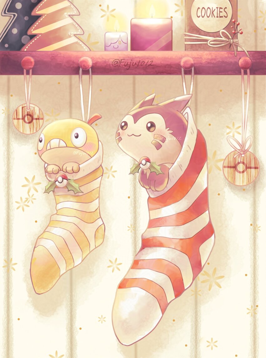 2others, :3, absurdres, candle, christmas, christmas_card, christmas_stocking, cookie_jar