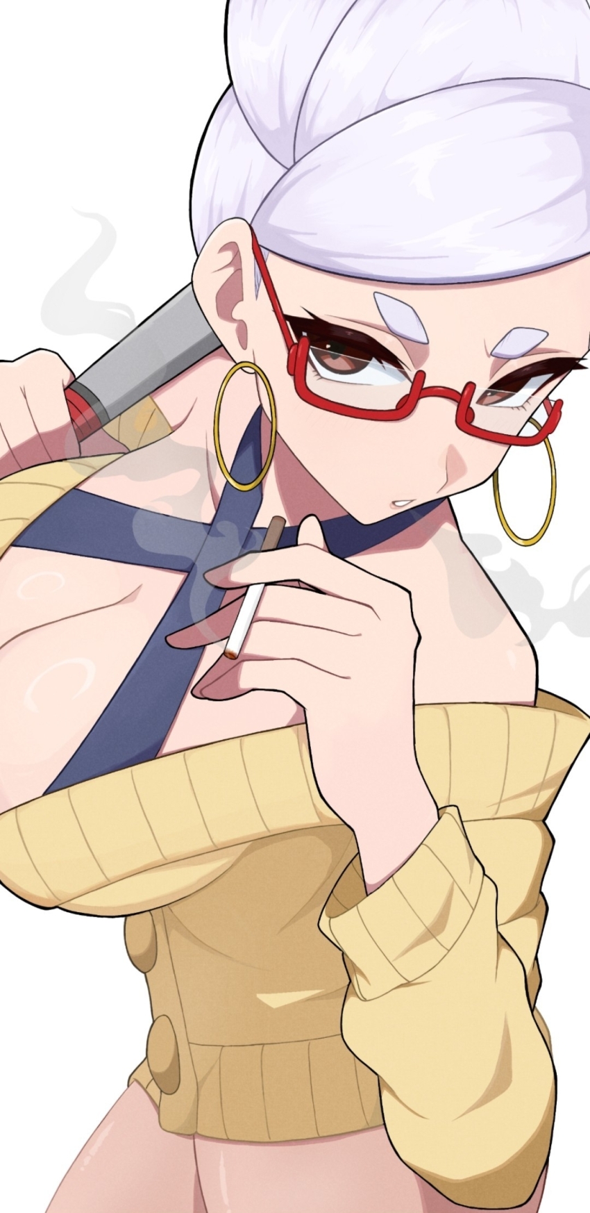 1girl, ayase_seiko, baseball_bat, beehive_hairdo, breasts, cigarette, commentary, dandadan, earrings, glasses, highres, holding, holding_baseball_bat, hoop_earrings, jewelry, kohiru_atsuku, large_breasts, mature_female, red-framed_eyewear, semi-rimless_eyewear, simple_background, smoke, tall_hair, white_background, white_hair
