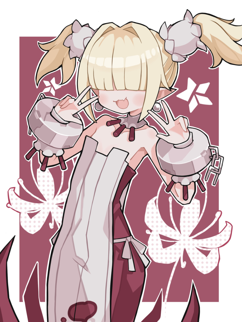 1boy, :3, :d, androgynous, bare_shoulders, blonde_hair, blunt_bangs, body_blush